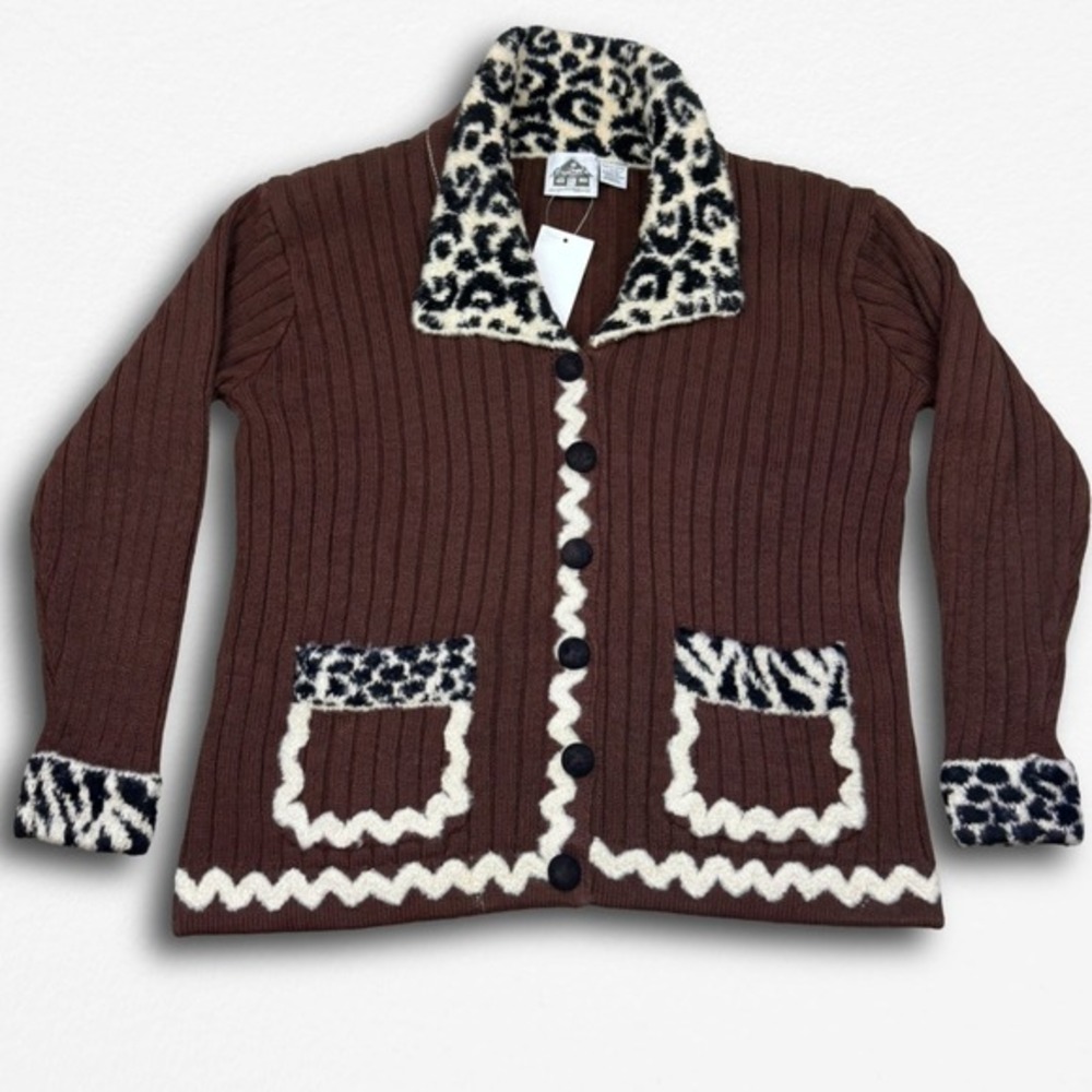 Storybook Knits Brown Leopard Print Cardigan Sweater Rick Rack Trim Women Medium